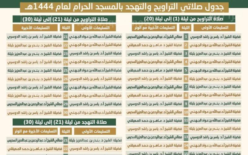 جدول أئمة الحرم المكي 1444 رمضان لصلاتي التروايج والتهجد بالمسجد الحرام